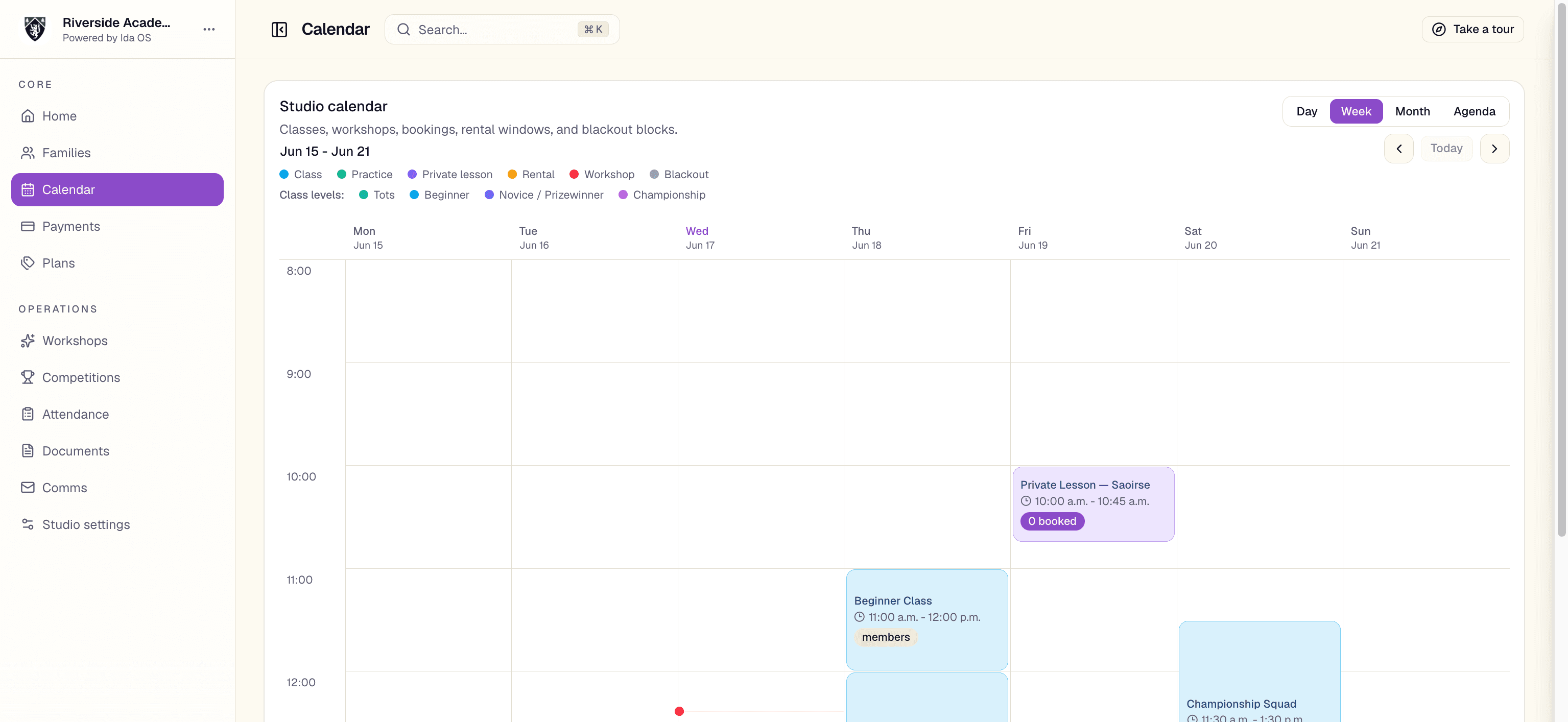 The Ida OS studio calendar with classes, private lessons, and rentals
